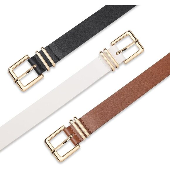 Pack 3 Women\'s Belts for Jeans Pants Gold Buckle Leather Belts Black Brown White main image 4